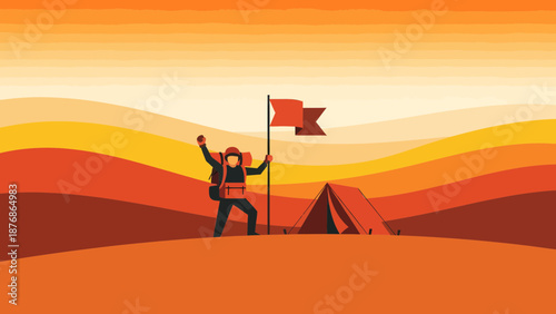 Celebrating A Victory Silhouette Of A Traveler With A Backpack At Sunset