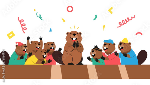 Celebrating Cartoon Beavers Gather Around Their Friend In Colorful Festive Event