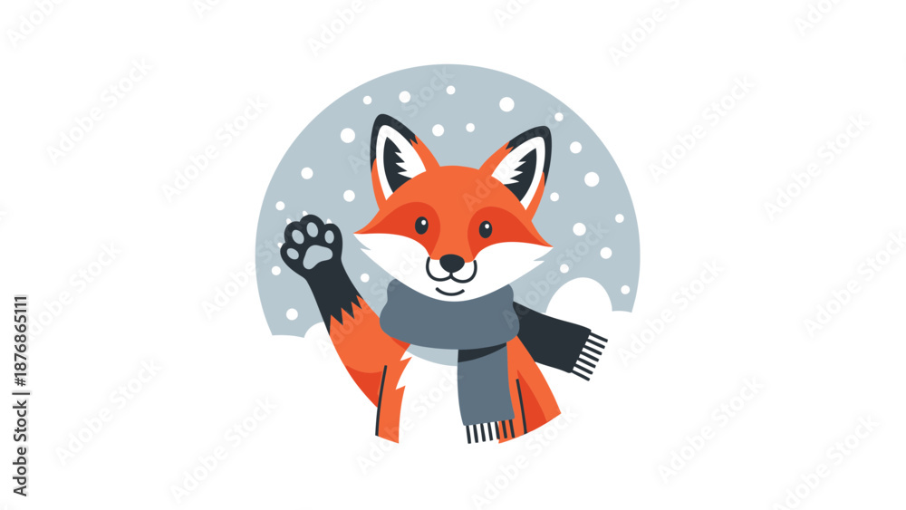Fototapeta premium Cartoon Fox Waving Hand Wearing Scarf In Winter Snow Scene Illustration