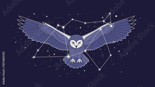 Celestial Owl In Flight With Constellation Against Dark Starry Cosmic Background