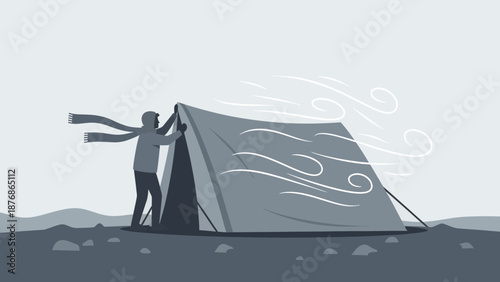 Challenging Weather Camping Situation In The Mountains Cold Atmosphere Illustration
