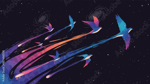 Celestial Swallows Flying Through Galaxy Of Stars And Cosmic Dust In Night Sky
