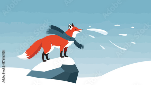 Cartoon Fox With Scarf Standing On Snowy Rock In Winter Landscape
