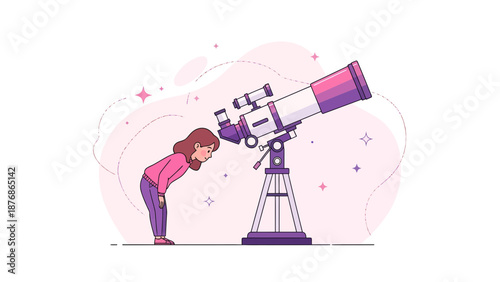 Cartoon Girl Gazing Through Telescope Exploring The Universe Wonder And Discovery