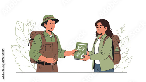 Cartoon Hiker Couple Sharing a Field Guide for Their Outdoor Adventure