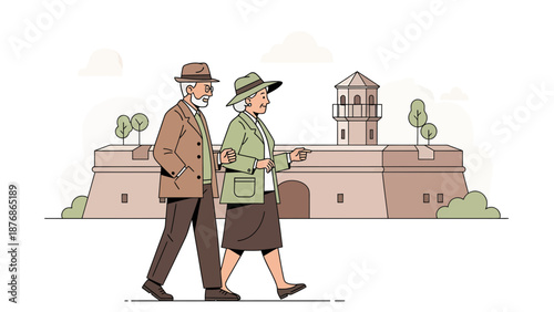 Charming Elderly Couple Strolling Near Historical Landmark Illustration Adobe Stock
