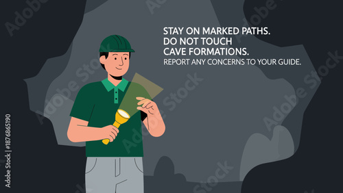 Cartoon Guide Visiting Underground Cave with Light Safety Instructions Illustration