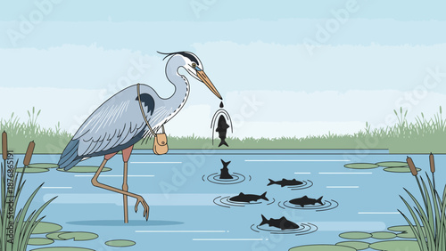 Cartoon Heron Fishing With Innovative Gear And Many Fish In The Pond Vector