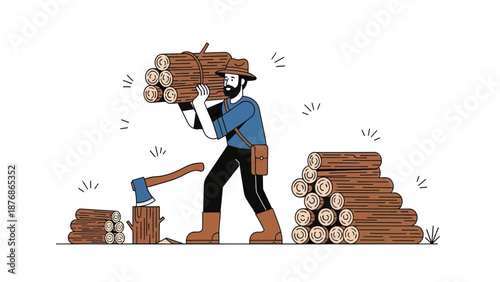 Cartoon Logger Working With Logs and Axe For Lumberjack Activities