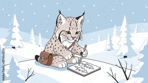 Cartoon Lynx Drawing Pine Trees In Winter Snowy Forest Scene Illustration
