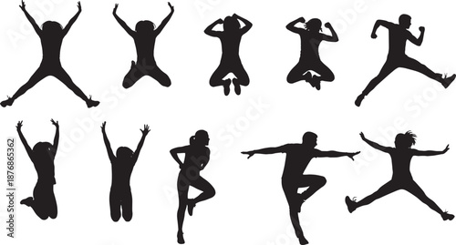 Vector illustration of silhouettes featuring dancing people, fitness gymnasts, and ballet dancers in various athletic yoga poses and jumping exercises