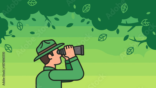 Cartoon Ranger Observing Nature Through Binoculars Illustration With Leaf Elements