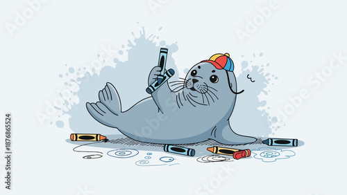 Cartoon Seal With Crayons Dressed Up In Funny Hat Drawing On Floor