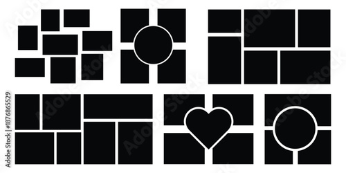 collage mockup frame. Image collage layout template set. Photo album or memory wall .Beige mosaic mood board grid collection. Picture frame set. Photo album idea for banner, poster, comic page, flyer.