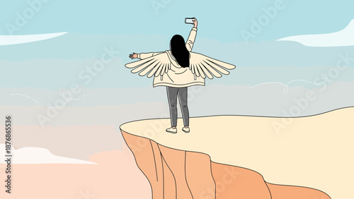 Chasing Freedom Girl With Wings Taking Pictures On The Edge Of The Mountain