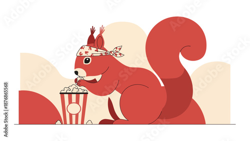 Cartoon Squirrel Enjoying Popcorn At The Cinema With The Red Bandana