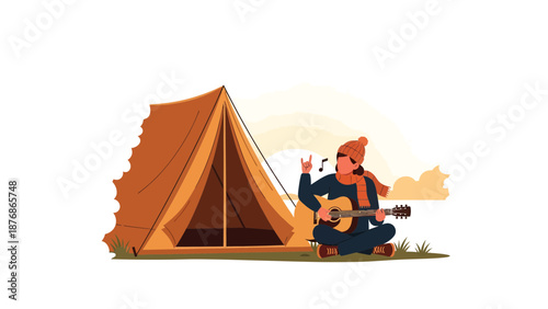 Cheerful Camper Playing Guitar Near Tent Illustration In Peaceful Scenery