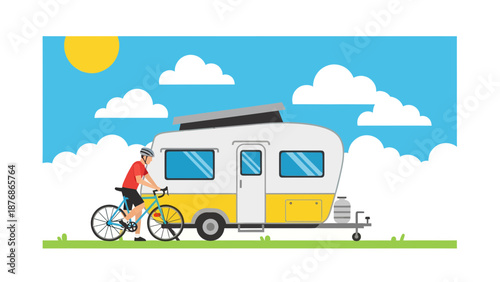 Cheerful Camper Van Trip With Cyclist Under The Sunny Sky And Fluffy Clouds