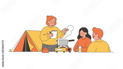 Cheerful Camping Adventure With Friends Cooking Outdoors And Tent At Campsite