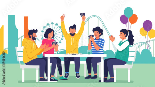 Cheerful Friends Enjoying Card Game at Amusement Park Having Fun Together