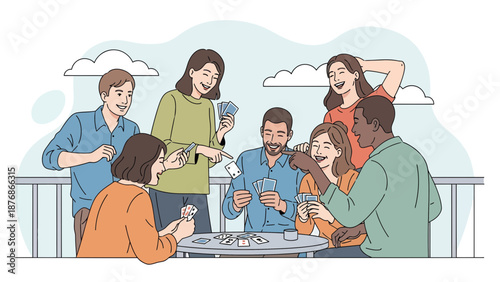Cheerful Friends Gather Around Table Playing Cards At Outdoor Social Event