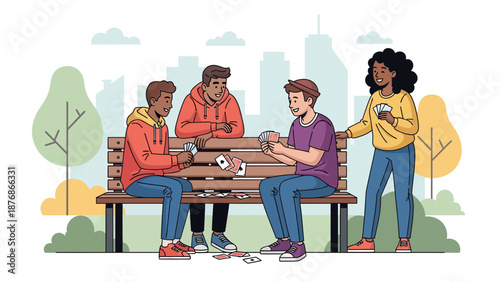 Cheerful Friends Playing Cards Together On A Park Bench Having Fun Outdoors