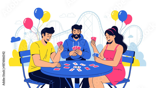 Cheerful Friends Playing Cards Together In Amusement Park Happy Time