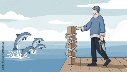 Coastal Charm Man Watching Dolphins Leaping With Camera On A Wooden Pier