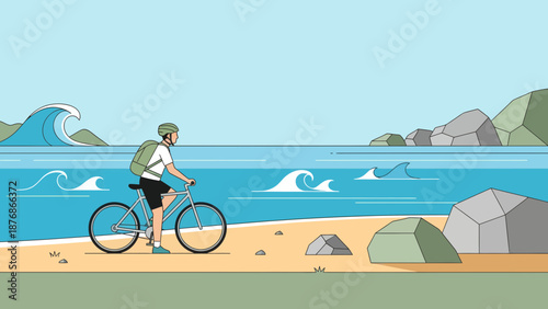 Coastal Cycling Adventure A Solo Journey Along Scenic Beachfront And Blue Waves