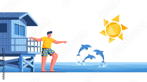 Coastal Observation With Joyful Dolphins Under Sunny Skies Illustration