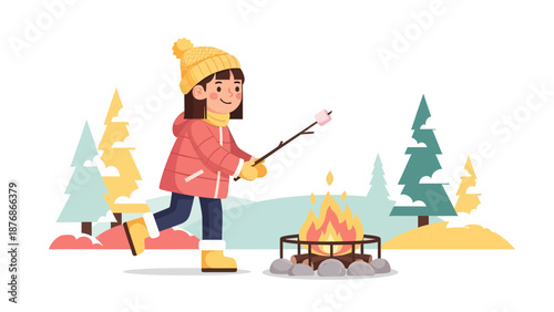 Cheerful Girl Roasting Marshmallow Over Bonfire In Winter Forest Landscape Flat Vector