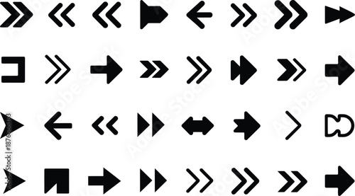 A collection of various black arrow symbols and directional icons presented in a minimalistic style on transparent background
