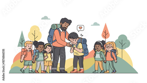 Compassionate Teacher Comforting a Sad Student on School Trip Adventure