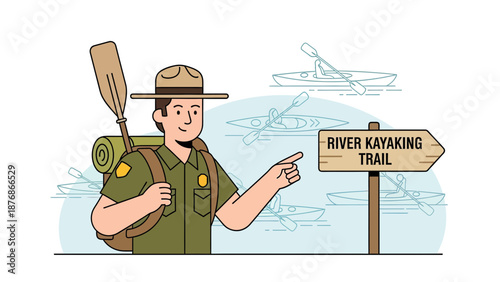 Cheerful Park Ranger Guides Kayakers Towards River Adventure Trail Destination