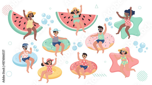 Cheerful People Enjoying Summer Vacation On Watermelon And Donut Floats Illustration