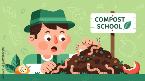 Composting Education For Kids In School Garden With Teacher And Worms