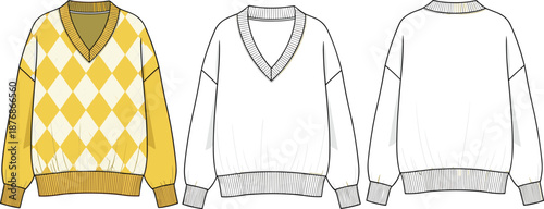 V neck sweater technical fashion CAD drawing with front back views argyle pattern option cad drawing flat vector illustration