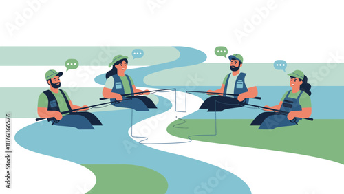 Cheerful People Fishing Together Along A Winding River For Recreational Activities