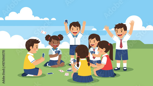 Cheerful Pupils Enjoying Game of Cards on Schoolyard During Break Time