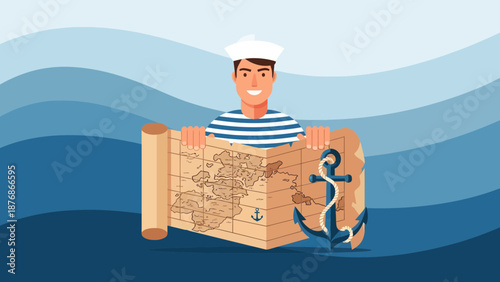 Cheerful Sailor Holding An Old Navigation Map For Sea Adventures And Discoveries