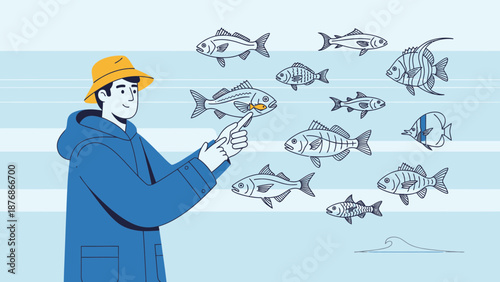 Conceptual Illustration Of A Fisherman Interacting With Fish In Their Environment