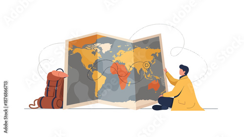 Conceptual World Trip Plan With Man Planning Traveling Journey On Map