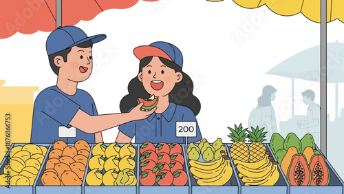 Cheerful Vendors Selling Fresh Organic Fruits At Outdoor Marketplace Illustration