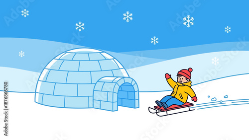 Cheerful Winter Adventure Boy Sledding Near Igloo Under Falling Snowflakes