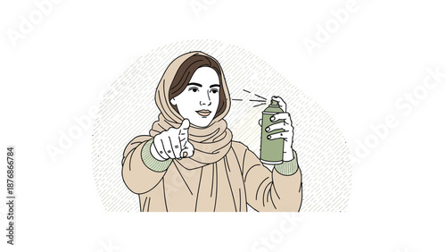 Confident Hijabi Woman Pointing Finger And Holding Spray Can With Neutral Expression
