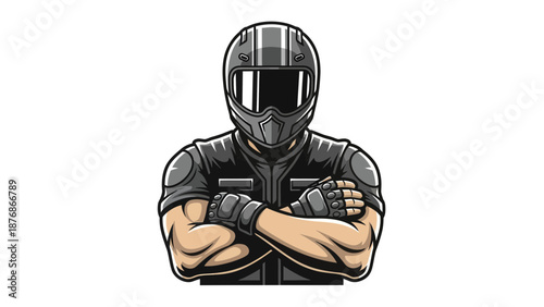 Confident Motorcyclist Vector Illustration With Protective Gear And Muscular Arms