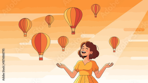 Cheerful Woman Admiring Hot Air Balloons Floating In The Sky On A Sunny Day