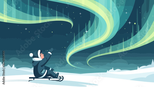 Child Admiring Spectacular Aurora Borealis On Sled In Winter Landscape