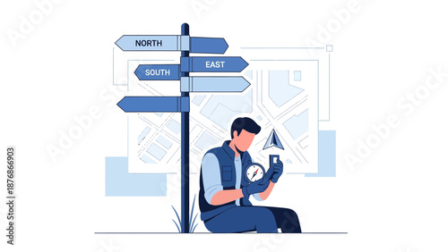 Confused Man Determining Direction Standing Near Directional Sign Post