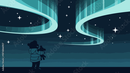 Child And Teddy Bear Gazing At Northern Lights In A Night Starry Sky